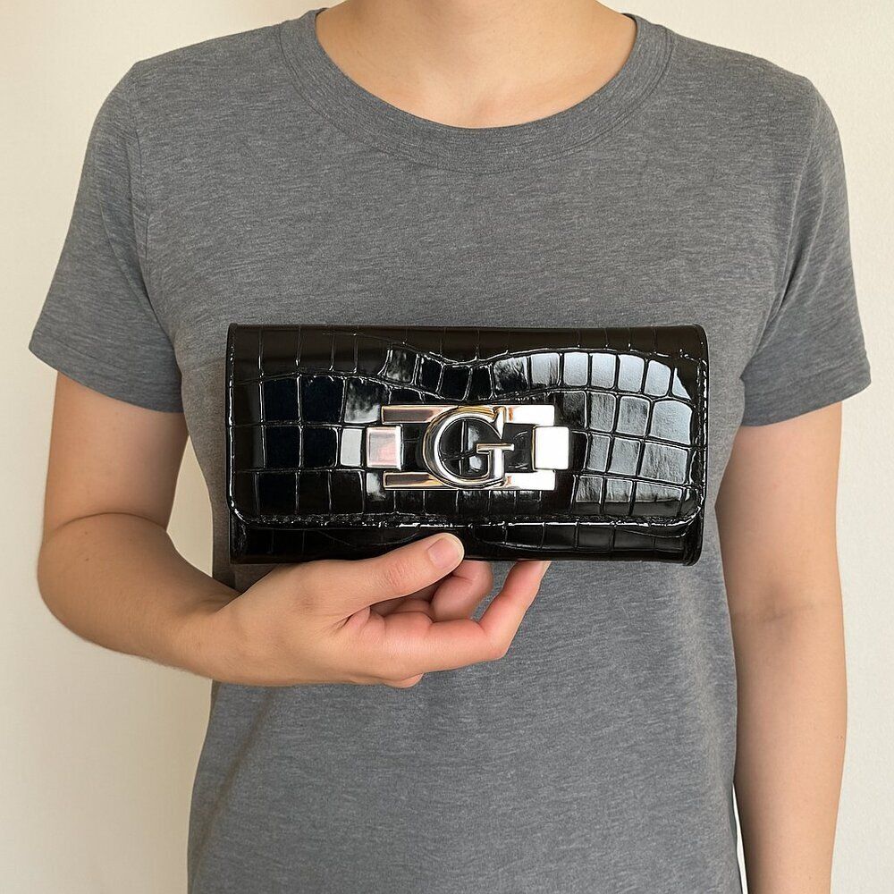 Guess Black Croc-Embossed Wallet with Silver Logo Clasp – 7” Width